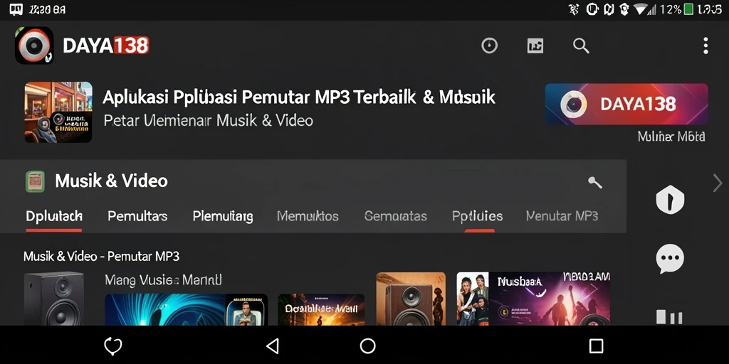 Antarmuka modern dari aplikasi Pemutar MP3 DAYA138 yang user-friendly.