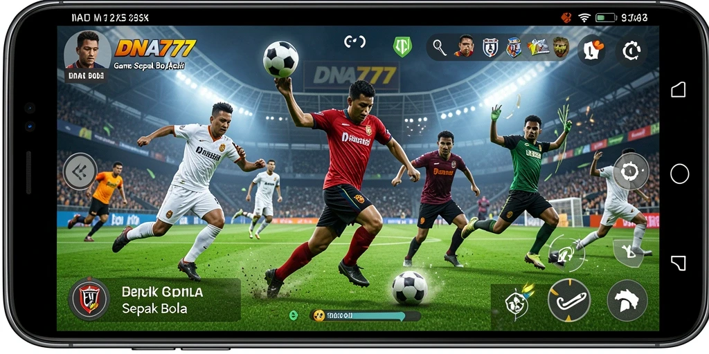 Screenshot utama DNA777 menunjukkan aksi seru pemain di lapangan Sepak Bola.