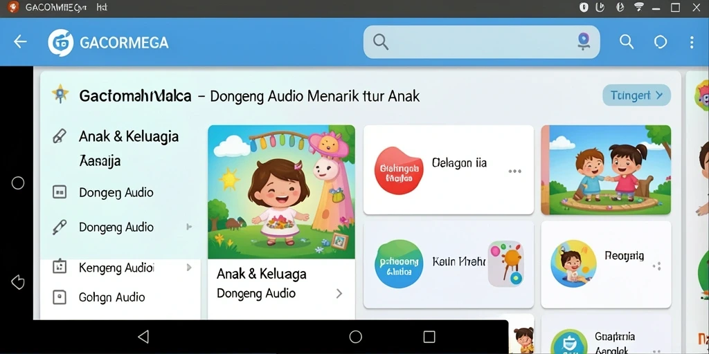 Antarmuka aplikasi GACORMEGA dengan fitur dongeng audio yang menarik.