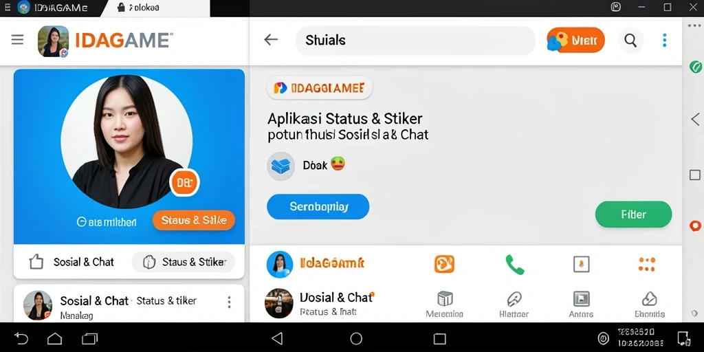 Antarmuka IDAGAME menampilkan stiker dan status yang menarik.
