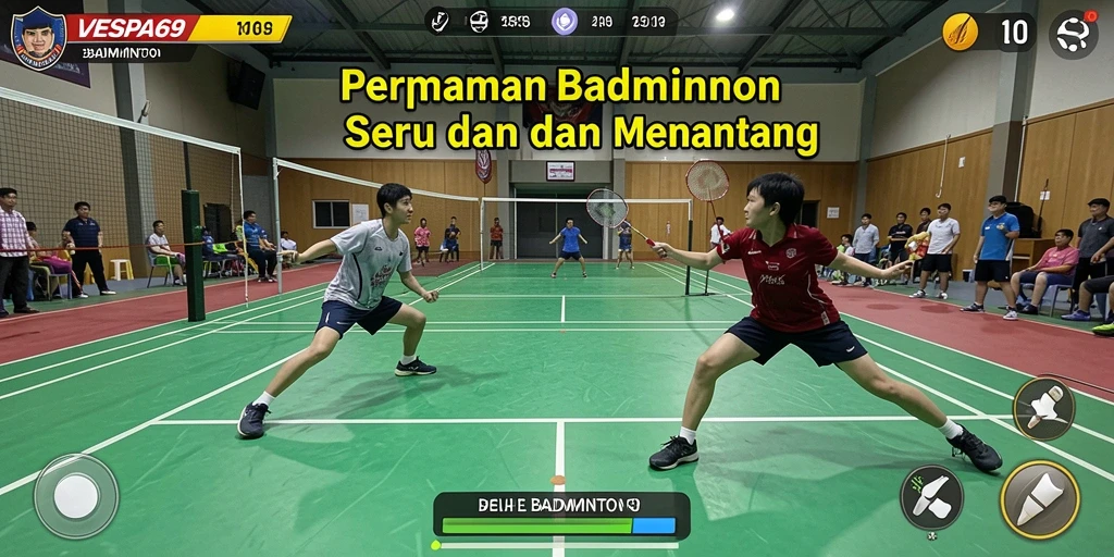 Tampilan permainan VESPA69 dengan karakter dan arena Badminton yang menarik.